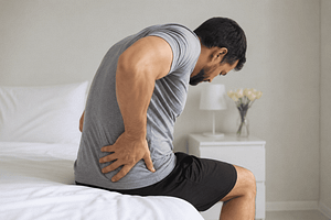 Dolor de lumbalgia persistente en persona adulta sentada en la cama